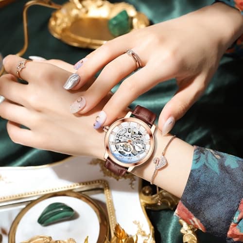 MASTOP Women's Sapphire Watches Automatic Steampunk Self Winding Mechanical Gold Bracelet Ladies Skeleton Wrist Watch Leather Strap for Ladies Famale