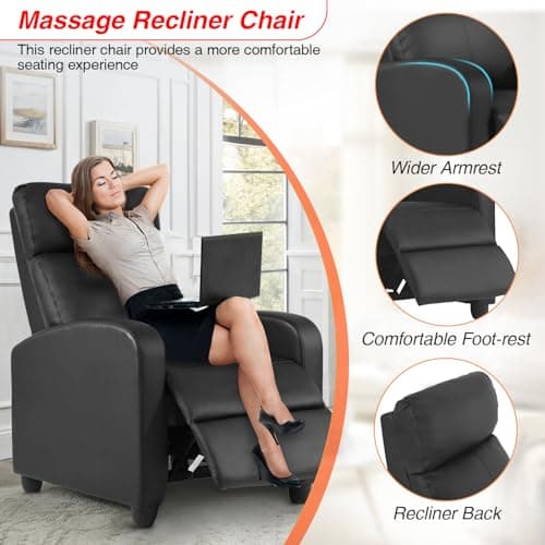 FDW Recliner Sofa Massage Chair Home Theater Seating with Lumbar Support and Padded Backrest for Living Room and Bedroom (Leather, Black)