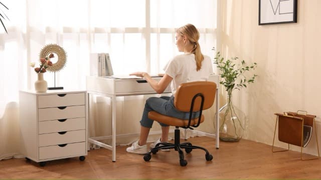 Sweetcrispy Small Office Desk Chair - Armless PU Leather with Comfy Lumbar Support, Height Adjustable Rolling Swivel Task for No Arms, for Adult, Student, Bedroom, Home, Vanity, Brown