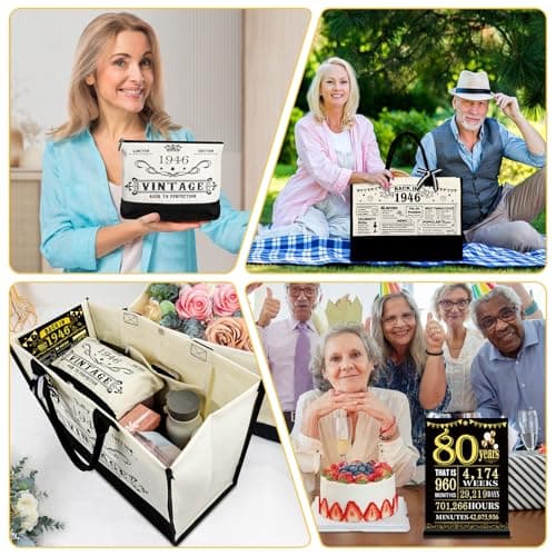 YeohJoy 80th Birthday Gifts for Women Canvas Tote Bag Travel Gear, Unique 80 Years Old Birthday Gifts for Mom Wife Aunt Friends Her, Vintage 1945 Handbag & Cosmetic Bag & Back in 1945 Poster