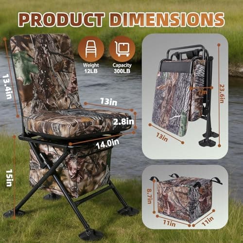 FUNHORUN Hunting Chair with Storage Bag, 360 Degree Silent Swivel Hunting Seat, Camouflage Foldable Ground Blind Chair, Tool-Free Padded Cushion Portable Seat, Lightweight