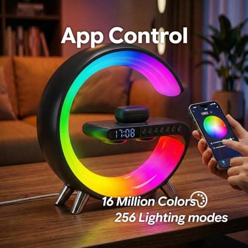 Smart LED Table Lamp for Bedroom with Wireless Charging Bluetooth Speaker, App Controlled Night Light for Kids, Christmas Birthday Gifts for Teens Adults Desk Office Bedroom Decor (Black B0GTYVCXBM
