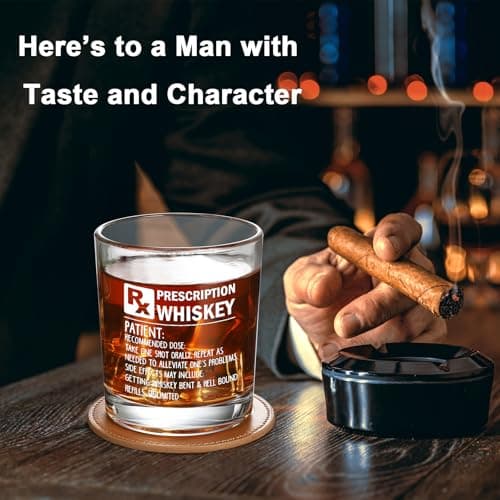 Prescription Whiskey Glass, Funny Rocks Glass & Bourbon Barrel Set for Brother Boyfriend Father Husband Coworker on Christmas & Birthday, White Elephant Cool Gag Gifts for Men