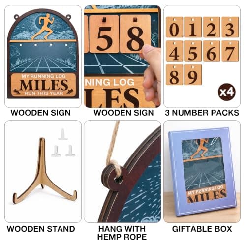 Wooden Yearly Running Log Counter Home Decor, Marathon Runner Gifts Miles Run This Year Tracker Sign Running Gifts for Runners Men Women B0GKP9JPVN