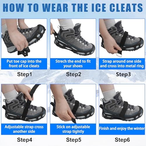 JSHANMEI Ice Cleats, Crampons Snow Traction Ice Cleats for Shoes and Boots Women Men, Non Slip Grippers Spikes for Shoes with Straps, Slip-on Rubber Overshoe Stretch Footwear for Winter Walking Hiking Fishing
