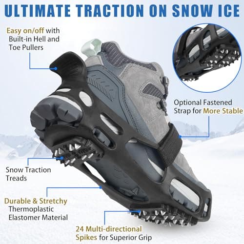JSHANMEI Ice Cleats, Crampons Snow Traction Ice Cleats for Shoes and Boots Women Men, Non Slip Grippers Spikes for Shoes with Straps, Slip-on Rubber Overshoe Stretch Footwear for Winter Walking Hiking Fishing