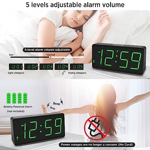 Peakeep Battery Operated Digital Alarm Clock for Bedrooms - Cordless Large Big Numbers 4 Dimmers, Auto Dimming for Seniors, Adjustable Volume Loud Alarm Clock for Heavy Sleepers Adults (Green Digits)