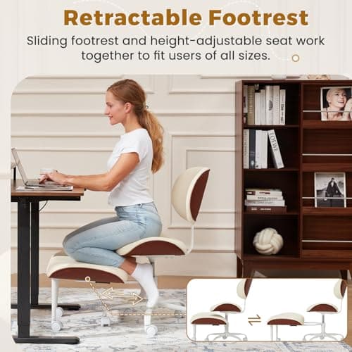 EROMMY ADHD Chair with Wheels Retractable footrest, Wide and Thickened Criss Cross Chair, Ergonomic Cross Legged Kneeling Desk Chairs for Meditation Yoga, Beige & Brown