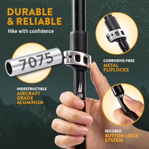 Premium Foldable Hiking Poles by USA Brand - Adjustable, Lightweight Trekking Poles Made of Aircraft Aluminum, Metal Flip Locks & Comfortable Real Cork and EVA Foam Grips
