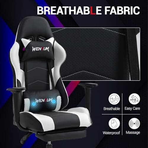 Gaming Chair with Footrest, Ergonomic PC Desk Chair with Headrest and Massage Lumbar Support, Video Game Chair with Height Adjustable High Back for Home Office, PU Leather, White