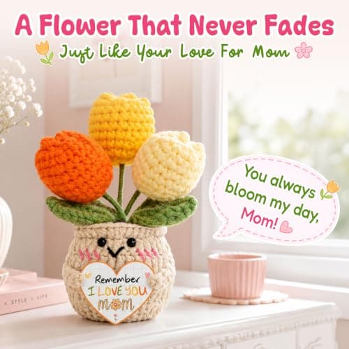 Mom Birthday Gifts, Mother Daughter Gift, Positive Crochet, Handmade Keepsake, Soft Yarn Texture, Cute Tulip Decor OASSIE Mom Gifts from Daughters Sons - Emotional Support Crochet Tulip