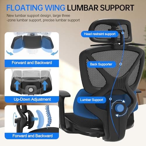 Freepub Ergonomic Mesh Office Chair, Home Desk Chair with Adjustable Lumbar Support, 3D Headrest and Armrests, Reclining Big and Tall High Back Computer Gaming Chair for Man Women, 350lbs, Black