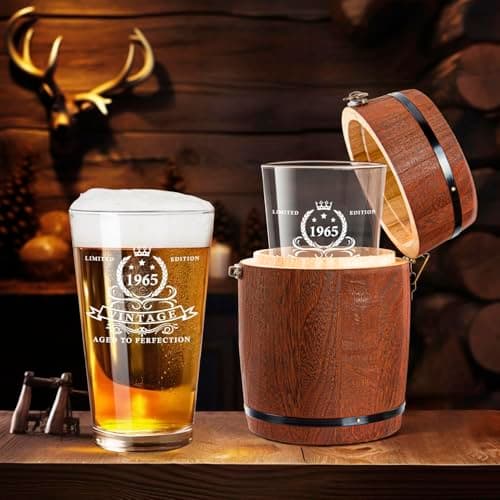 LIGHTEN LIFE 60th Birthday Gifts for Men 16oz,1965 Beer Glass in Barrel Box,60th Birthday Beer Glass,1965 Pint for 60 Years Old Dad,Husband