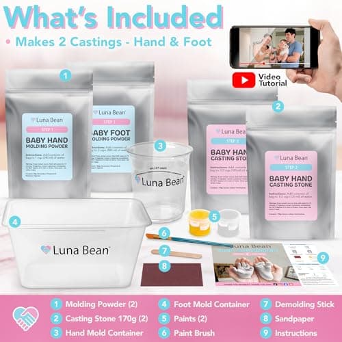 The original baby casting kit - captures newborn hand & foot forever. Non-toxic, safe, easy - perfect new mom gift Luna Bean Baby Casting Kit - Hand & Foot Keepsake Mold, 2pc, New Mom Gift B0DPLBNZNG