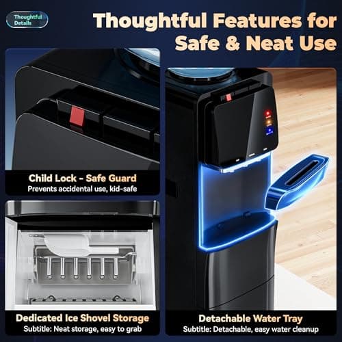 Tehanld Water Dispenser with Ice Maker, 4-in-1 Top Loading Water Cooler with Hot, Cold & Room Temp Water, 35lbs/Day Fast Ice Making, Child Safety Lock, Fits 2-5 Gallon Bottles for Home & Office