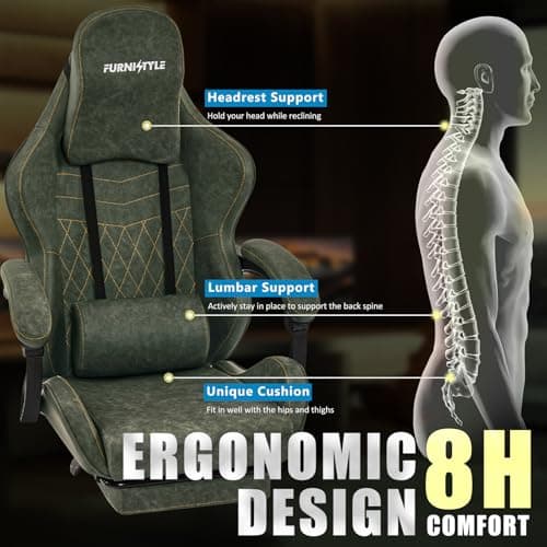 Gaming Chair Big and Tall, Green Leather Video Game Chairs with Footrest, Padded Linkage Armrests & Large Headrest, Ergonomic Computer Chair 350lbs for Adults Gaming or Office Use