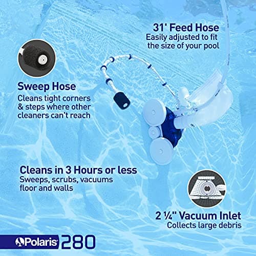 Polaris Vac-Sweep 280 Pressure-Side In-ground Pool Cleaner, Double Venturi Jet Powered, 31ft of Hose with an All Purpose Debris Bag