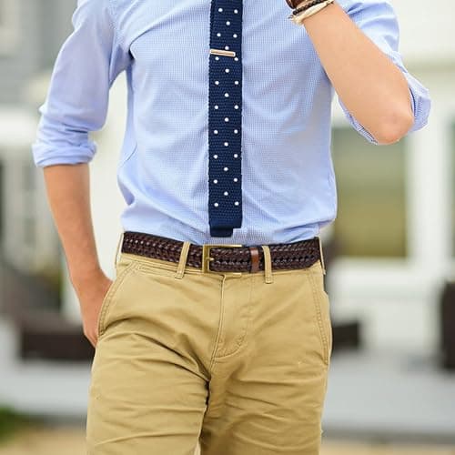 SUOSDEY Braided Genuine Leather Belt for Men, 1.2" Width Men’s Casual Woven Leather Belt for Jeans Pants