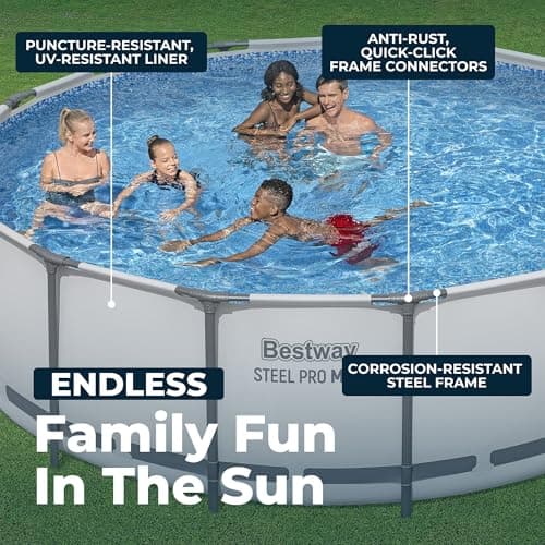 Bestway Steel Pro MAX 15' x 48" Above Ground Pool, Round Metal Frame Outdoor Swimming Pool Set with Filter Pump, Ladder, and Cover, Gray