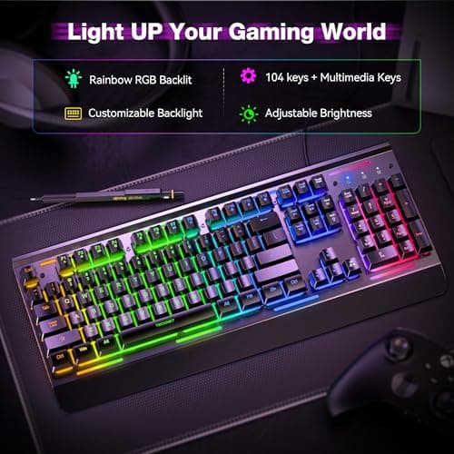 TECKNET Gaming Keyboard, USB Wired Computer Keyboard, 15-Zone RGB Illumination, IP32 Water Resistance, 25 Anti-ghosting Keys, All-Metal Panel (Whisper Quiet Gaming Switch)