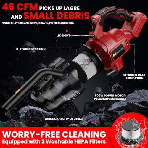 Cordless Vacuum for Miwaukee 18V Battery, 5 in 1 Lightweight Handheld Vacuum Cleaner with 500W Powerful Motor, 46 CFM Portable Hand Vacuum with Filtration HEPA for Floor, Carpet(Battery Not Included)