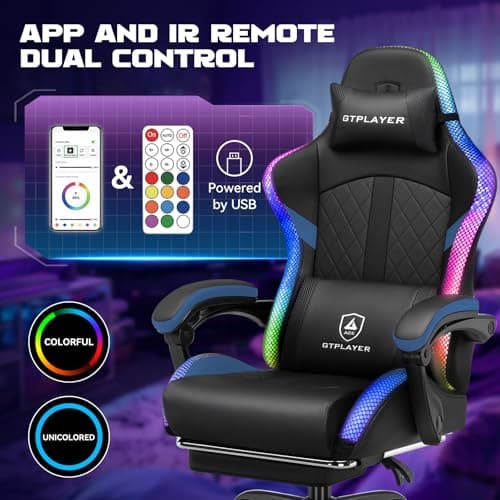 GTPLAYER RGB Gaming Chair with Speakers - LED Computer Game Chair for Adults, PC Home Office Chairs with Footrest & Lights, Reclining Desk Chairs, Dark Blue