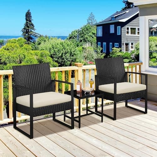 Yaheetech 3 Pieces Rattan Bistro Set, Outdoor Wicker Patio Modern Conversation Furniture, 2 Chairs & Tempered Glass Coffee Table for Garden, Balcony, Backyard, Poolside, Black/Beige