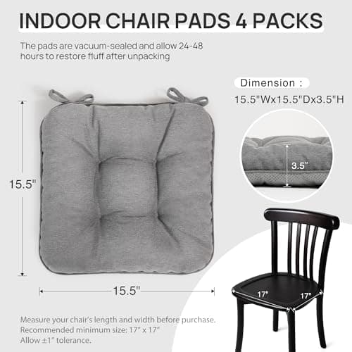Love's cabin Memory Foam Chair Cushions Set of 4, 15.5"x15.5"x3.5" Indoor & Outdoor Seat Pads for Dining, Kitchen, Office, Patio Chairs - Grey