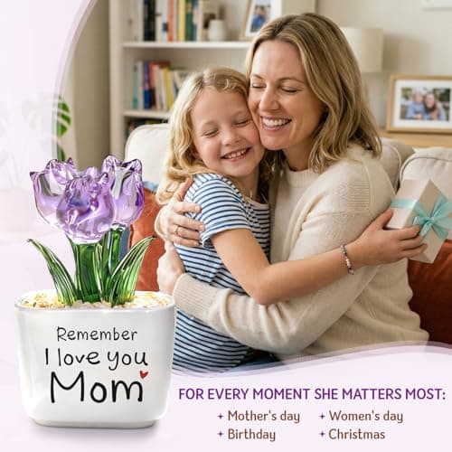 Remember I Love You Mom - Mom Birthday Gifts for Mothers - Collectible Flower Figurine Birthday Gifts for Mom from Daughter Son - Mini Purple Glass Tulip B0GTLL16WJ