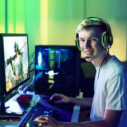 H-10 Gaming Headset for PS4, Xbox One, PC, PS5, Nintendo Switch, Stereo Wired Noise Cancelling Over Ear Headphones with Mic for Kids Adults, Bass Surround, Soft Memory Earmuffs, Green