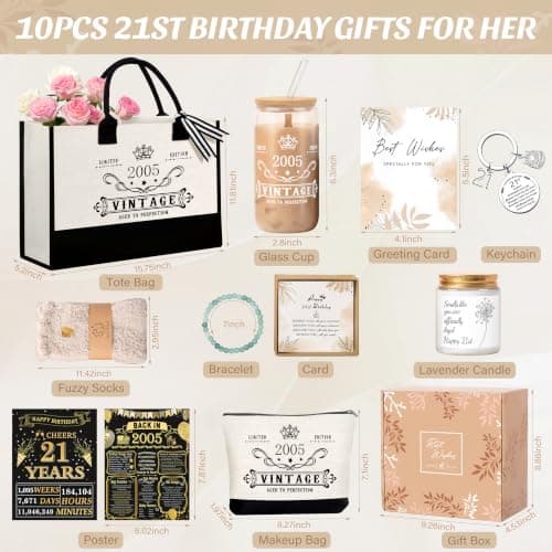 Jumway 21st Birthday Gifts for Women, Happy 21 Year Old Birthday Gifts for Women, Glass Cup & Canvas Tote 2005 Decorations & Ideas for Sister Daughter Girlfriend Her Friends B0GZ3YB5T7