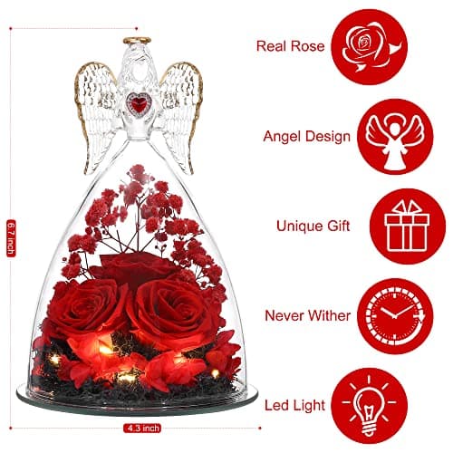 Mothers Day Rose Gifts for Women, Large Angel Figurines with Real Roses, Preserved Real Flower Rose for Her - Red