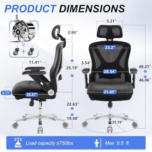750lbs Ergonomic Office Chair,Upgrade Big and Tall Office Chairs for Heavy People,Mesh High Back Desk Chair with 5D Flip Arms Large Wheels,Adjustable Headrest & Lumbar Support,Wide Chairs