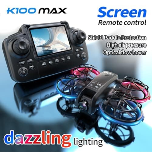 K100 Mini Drone with Screen Controller with SD Card, Two-batteries, Optical Flow Positioning, All-round Protection for Flight Paddles, Suitable for Beginner. (2 batteries - Black)