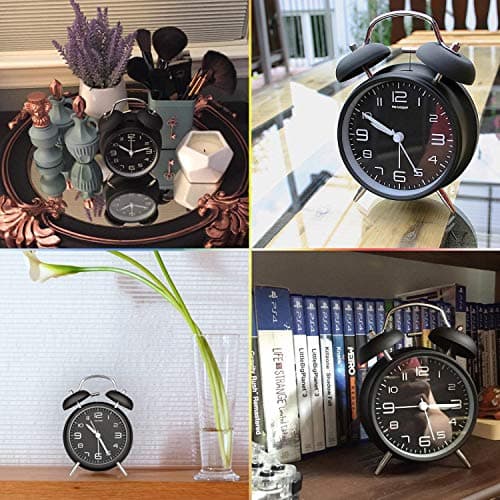 Peakeep 4 Inches Twin Bell Loud Alarm Clock for Heavy Sleepers, Backlight, Battery Operated Old Fashioned Alarm Clock for Bedrooms (3D-Dial, Black)