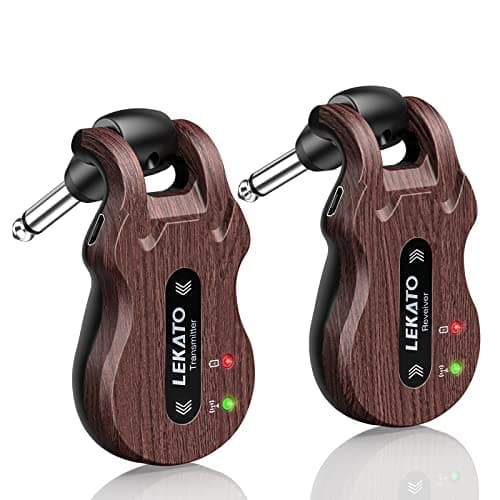 LEKATO Wireless Guitar System 5.8 Wireless Guitar Transmitter Receiver Rechargeable Audio Wireless Transmitter Receiver 4 Channels Transmission Range for Electric Guitar Bass (Grain)
