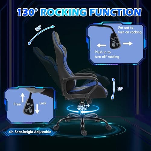 ECOTOUGE Gaming Chair, Ergonomic Video Game Chair with Massage Lumbar Support & Rocking High Back, 360° Swivel Computer Gamer Chair for Gaming or Office, Height Adjustable, Blue