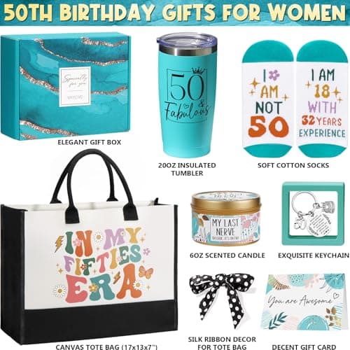 50th Birthday Gifts for Her, Fabulous 50th Birthday Gifts for Women, Cool Turning 50 Year Old Gifts 1975 Gifts, Unique Happy 50th Birthday Gifts Ideas for Her Mom Sister Friend Wife w/ Canvas Tote Bag