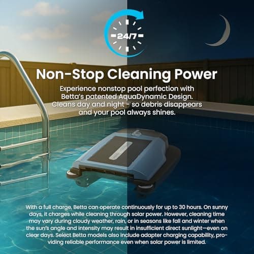 Betta Flex Solar-Powered Robotic Pool Skimmer – Cordless with Dual Cleaning Modes, Soft-Touch Pool Protection. Compatible with Infinity Edge, In-Ground & Above-Ground Pools (Blue)