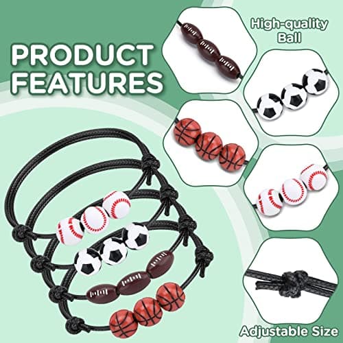 20 Pcs Sports Party Favors Charm Bracelets,Soccer Basketball Football Baseball Volleyball Bead Ball Bracelets Adjustable Inspirational Wristbands Sport Theme Birthday Party Favor Gifts for Teen Adults