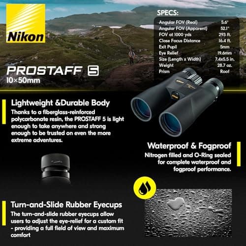 Nikon PROSTAFF 5 10x50mm Binoculars - High-Definition Multilayer-Coated Optics, Waterproof Fogproof Lightweight Outdoor Binoculars for Birdwatching, Hiking, Nature Observation (7572)