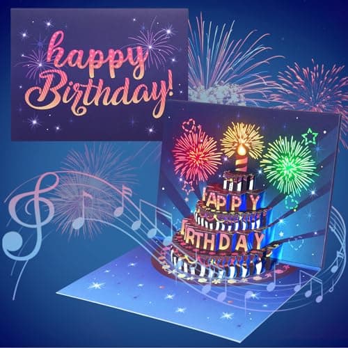 INPHER Birthday Cards Fireworks Pop Up Cake Light and Music Happy Birthday Gifts Decorations for Women, Men, Mom, Grandma