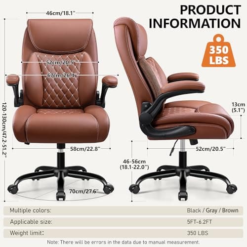 Office Chair, Ergonomic Desk Chair with Lumbar Support for Lower Back Pain Relief, Executive Leather Chair with Padded Flip-up Armrests and Wheels, Brown