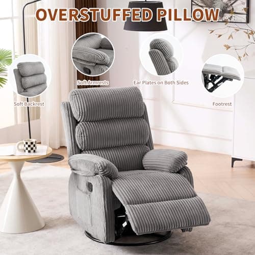 Plush Premium Velvet 360° Swivel Rocker Recliner Chair - High Back Glider with Generous Footrest, Supportive Armrests & Side Pocket for Nursery, Living Room & Small Spaces Grey
