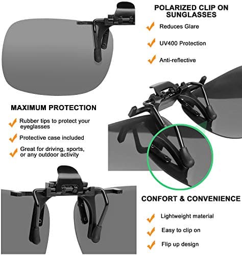 Success Eyewear Clip On Sunglasses Flip Up Polarized Sunglasses Clip onto Eyeglasses Over Prescription Glasses Case Included