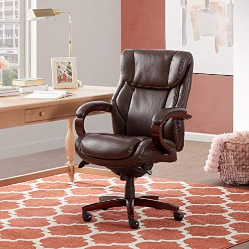 La-Z-Boy® Bellamy Executive Office Chair with Memory Foam Cushions, Real Wood Arms and Swivel Base, Waterfall Seat Edge, Faux Bonded Leather, Brown