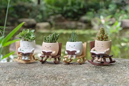 Rocking Chair Smiley Face Planter,Cute Plant Pots for Indoor Outdoor Plants,Succulent Pots with Drainage Hole,Unique Funny Flower Pot for Succulents,Plant Gifts for Mother's Day, Birthday, Christmas B0F59W5CR2