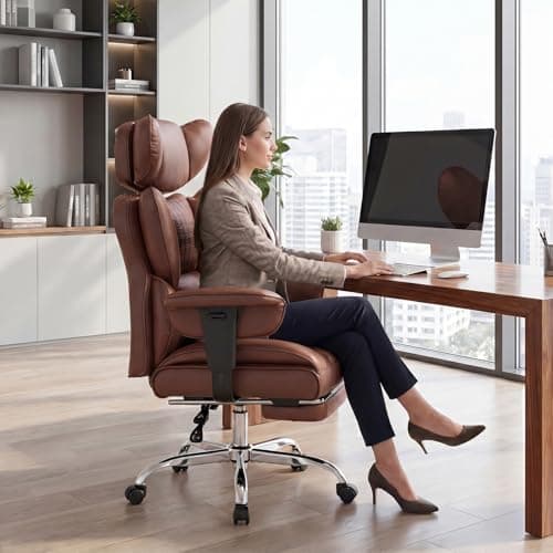 DUMOS Big and Tall Home Office Desk Chair, Gaming Computer Chair, Executive Ergonomic Chair with Footrest, High Back Reclining, Adjustable Armrests and Comfy Lumbar Support, PU Leather, Brown