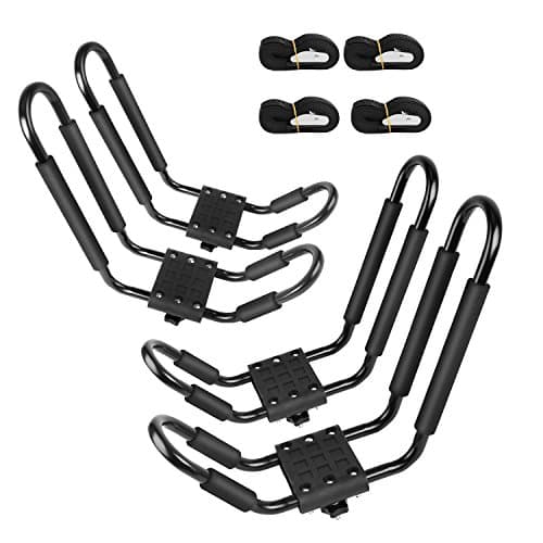 Leader Accessories Kayak Rack 2 Pair J Bar for Canoe Surf Board SUP On Roof Top Mount Crossbar with 4 pcs Tie Down Straps