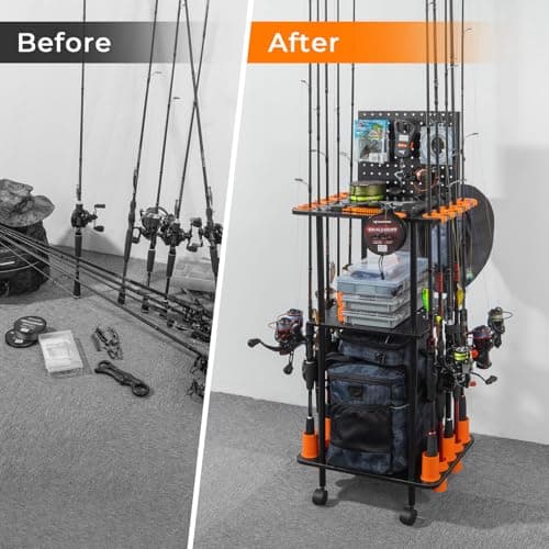 KastKing V10 Gear Trolley, Indoor Fishing Rod Holder for 10 Combos, 3-Tier Fishing Accessory Shelves With Peg Wall, Patented Built-in Line Spooler, Mobile Tackle Storage Cart With Locking Wheels